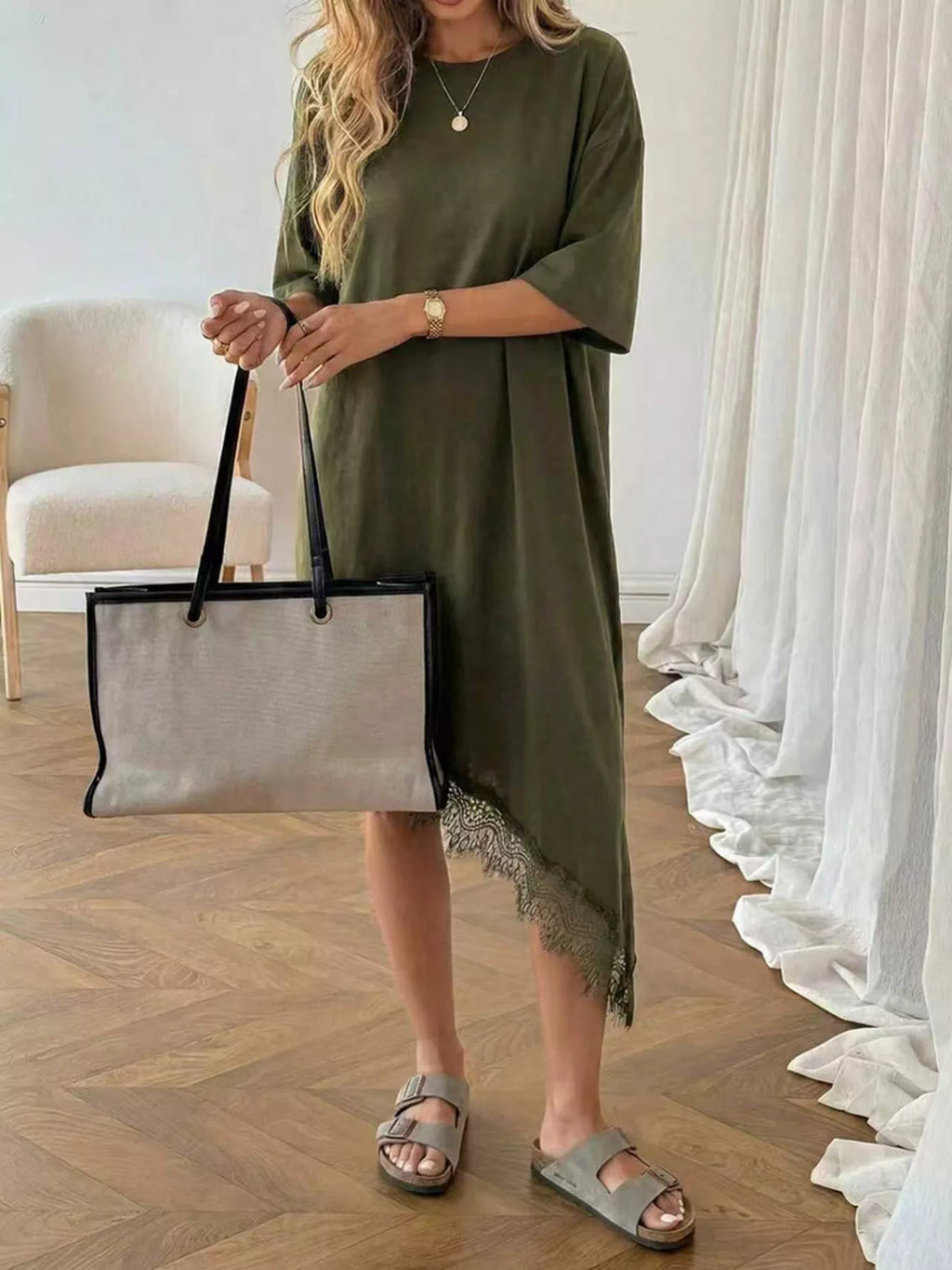 Lace Trim Asymmetrical Hem T-shirt Dress (14)