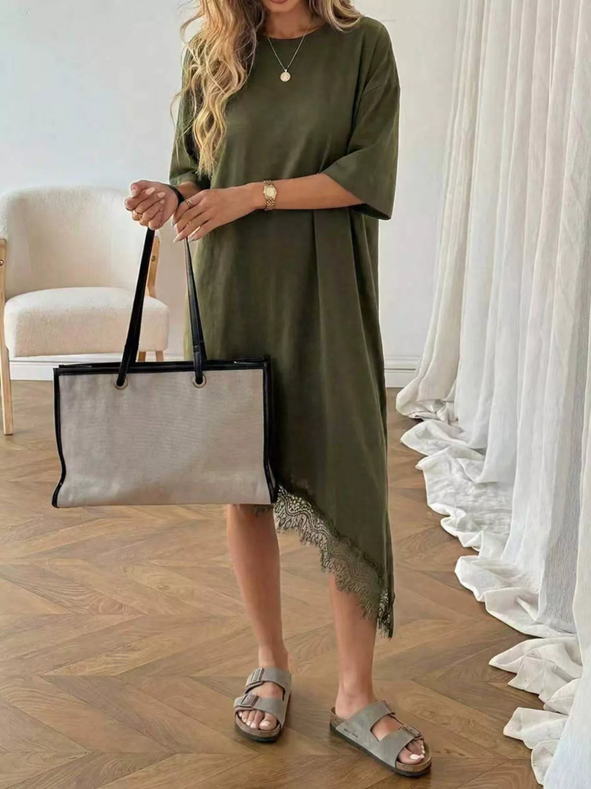Lace Trim Asymmetrical Hem T-shirt Dress (14)