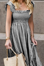 Full Size Smocked Ruffled Plaid Ruffle Hem Dress (2)