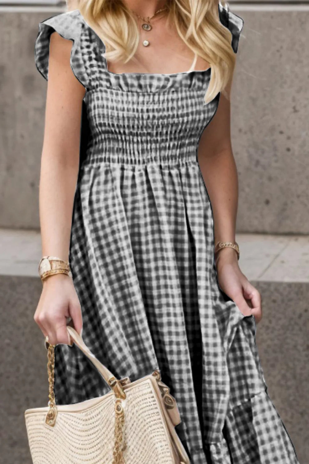 Full Size Smocked Ruffled Plaid Ruffle Hem Dress (2)