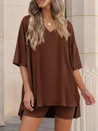 Full Size Casual Loose V-neck T-shirt Shorts Set Plus (13)