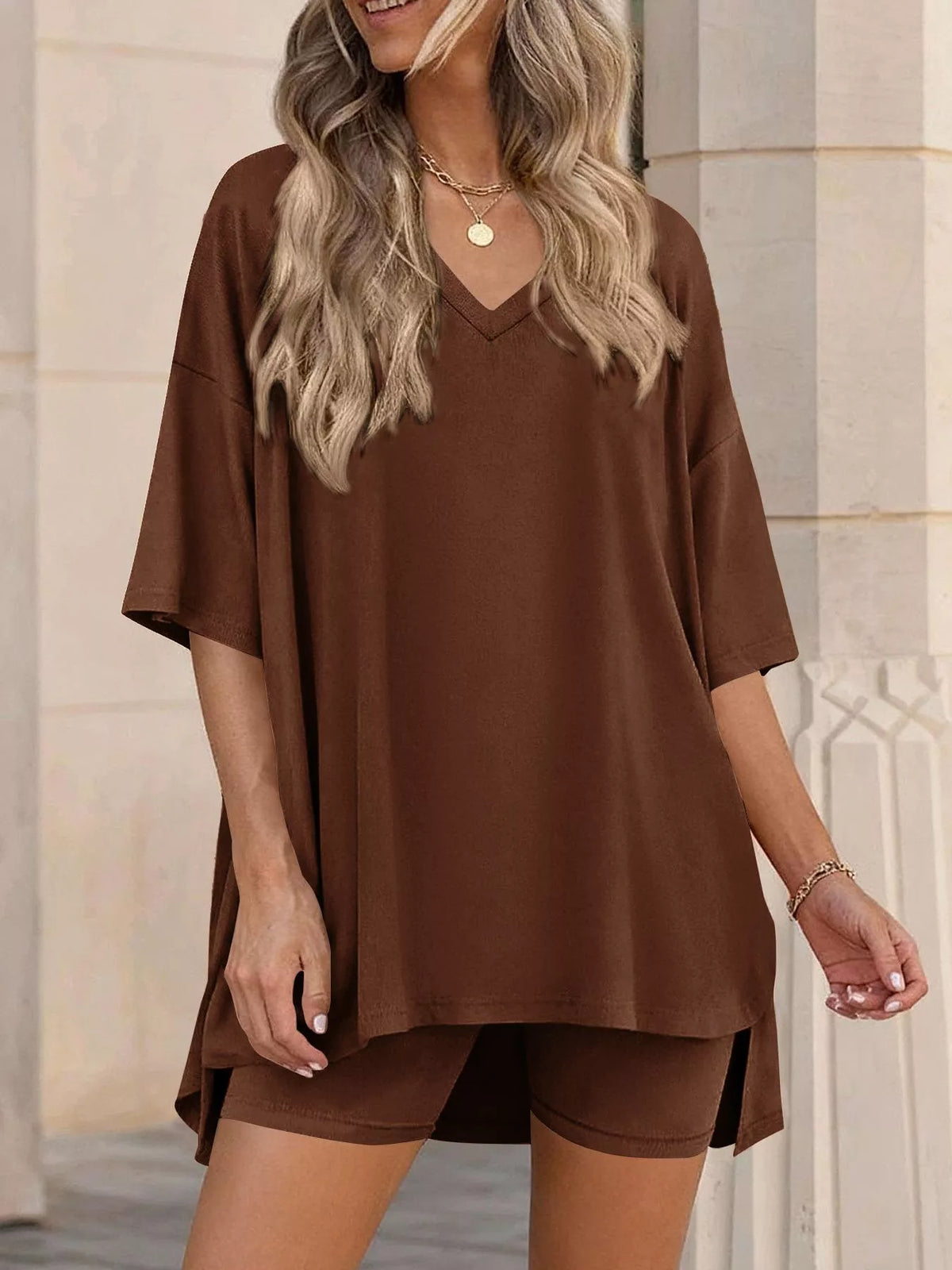 Full Size Casual Loose V-neck T-shirt Shorts Set Plus (13)