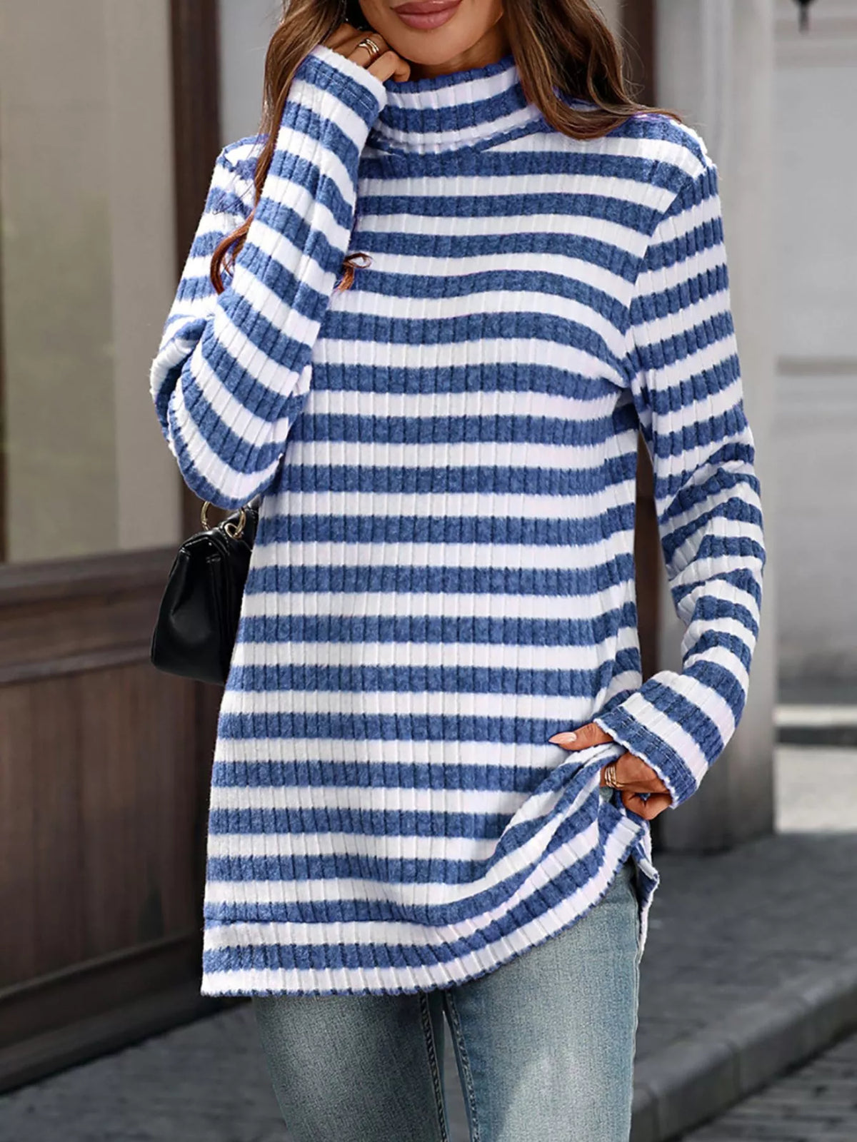 Striped Turtleneck Long Sleeve Knit Top (5)