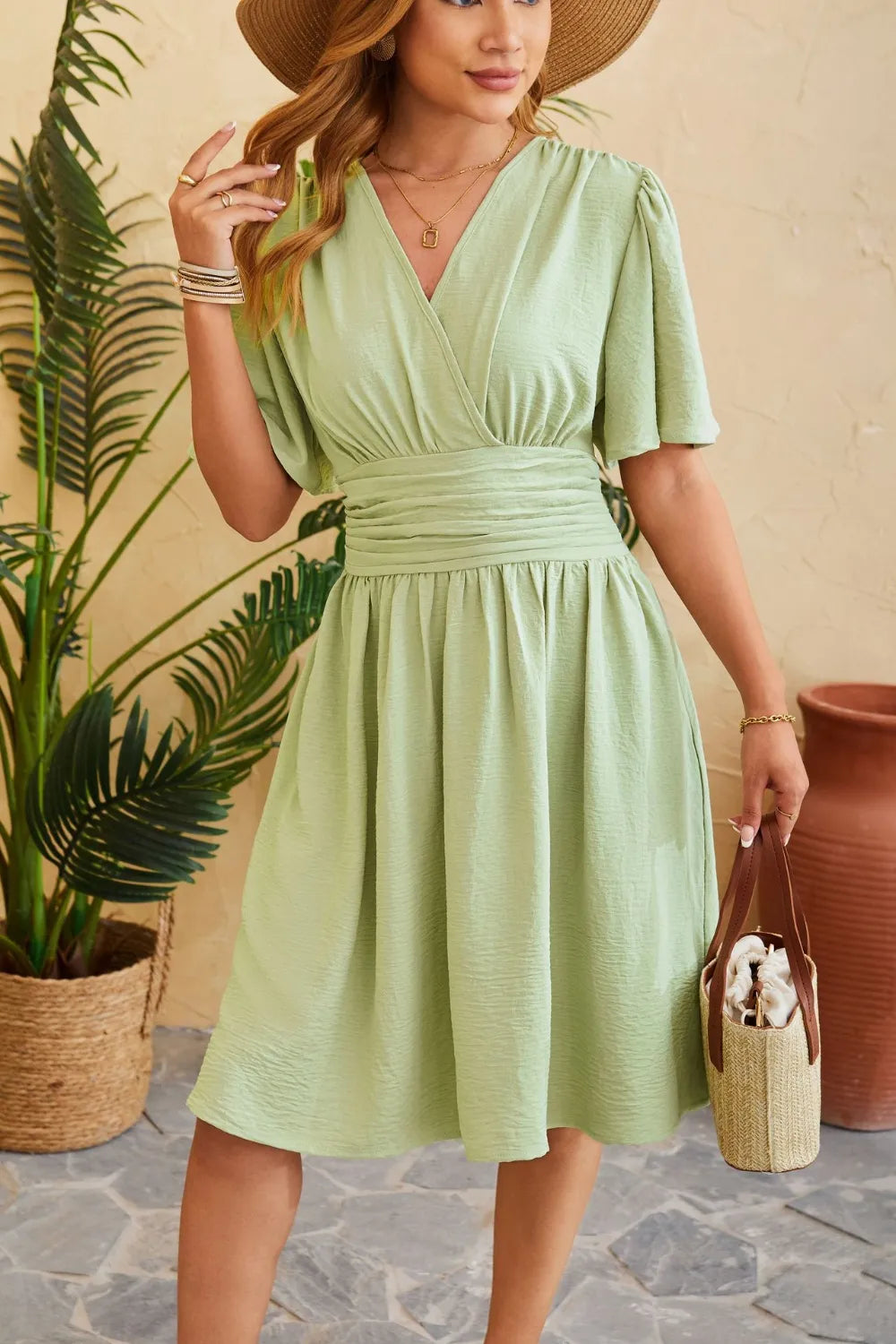 Ruched Surplice Short Sleeve Dress (2)