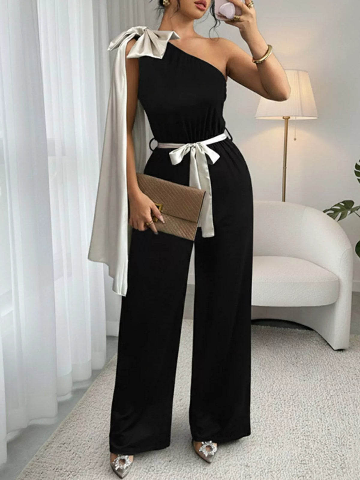 One-shoulder Bowknot Wide Leg Jumpsuit (2)