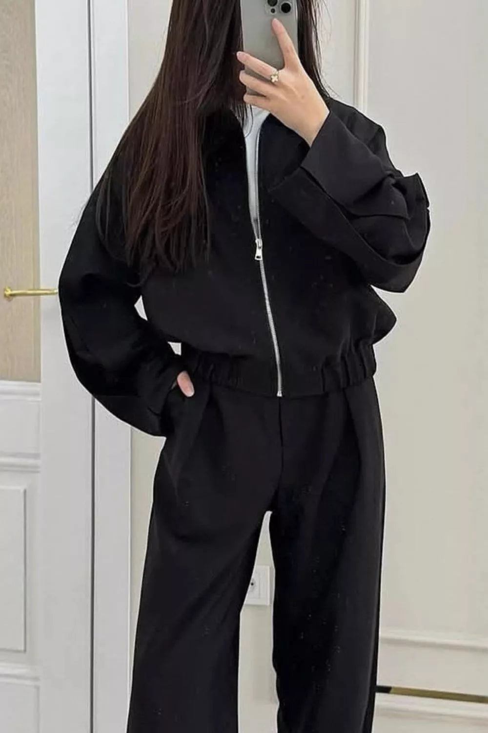 Zip-up Jacket Wide-leg Pants Set (7)