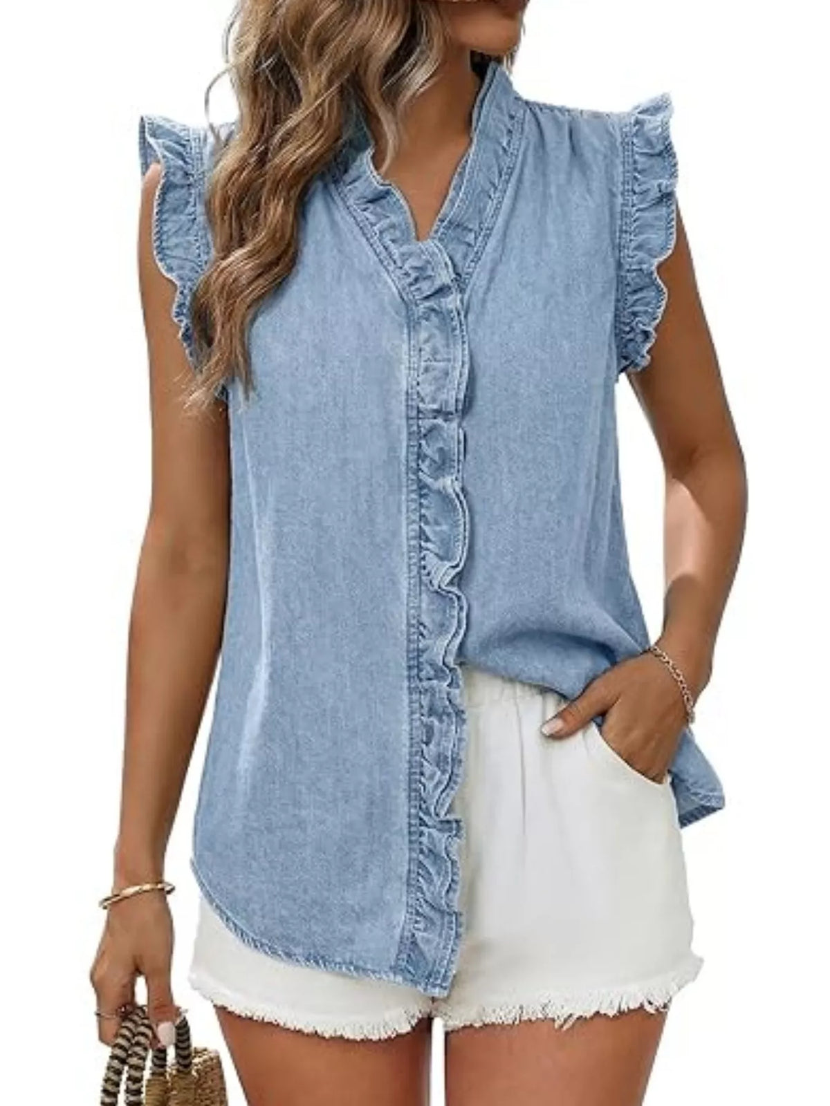 Ruffle Trim V-neck Sleeveless Denim Top (8)