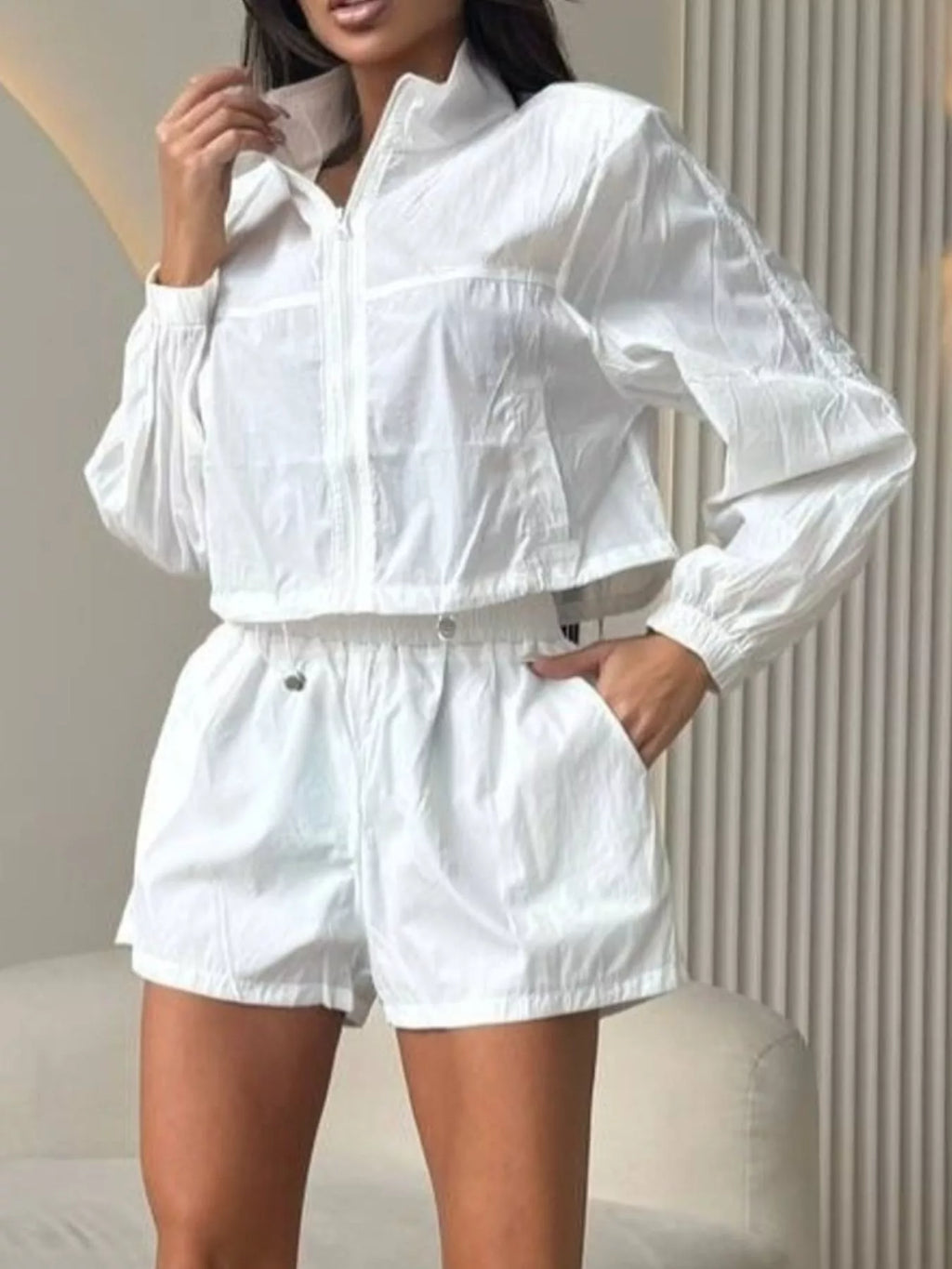 Zip-up Crop Jacket High-waisted Shorts Set (13)