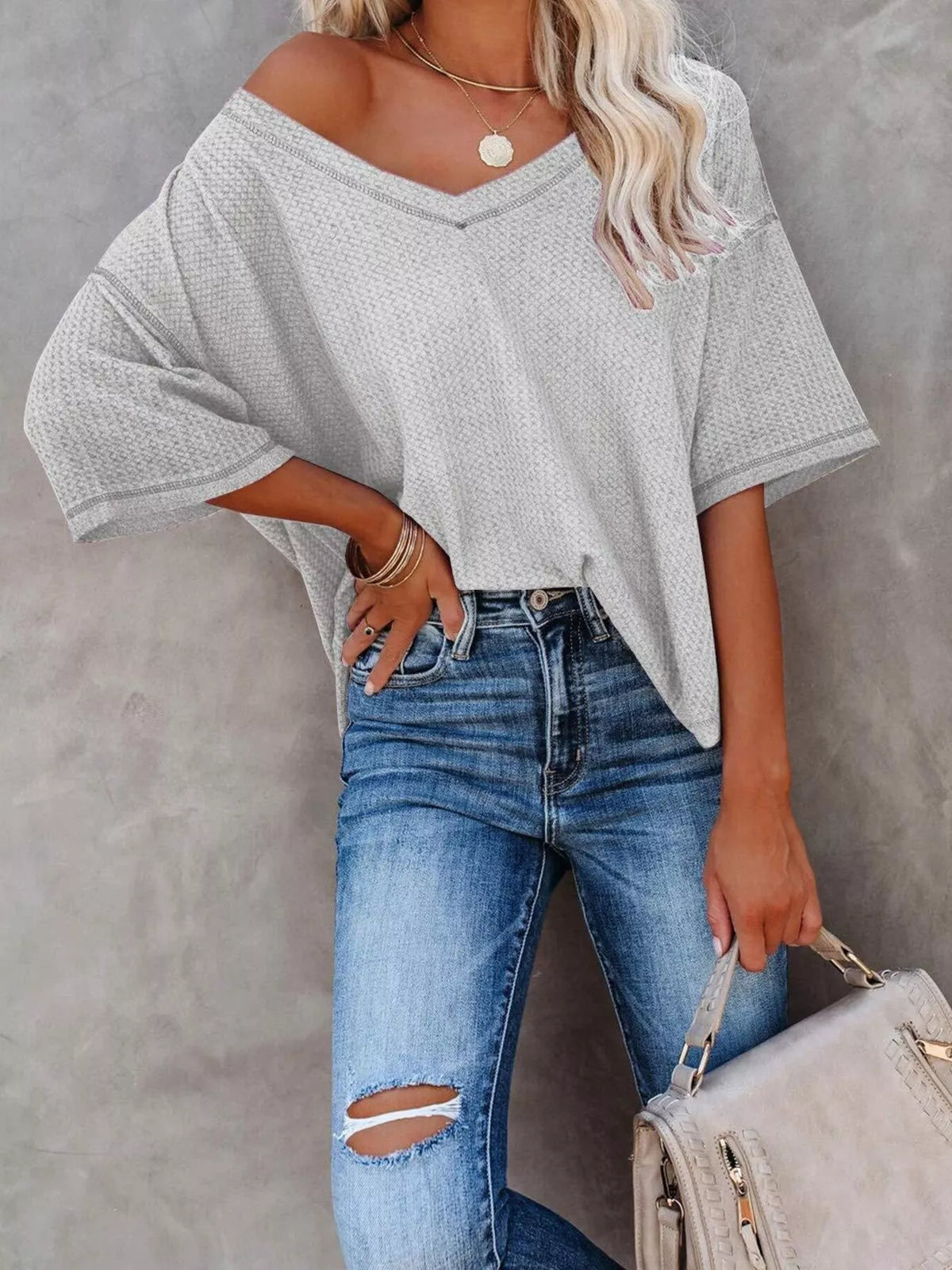 Waffle Knit V-neck Short Sleeve T-shirt (7)