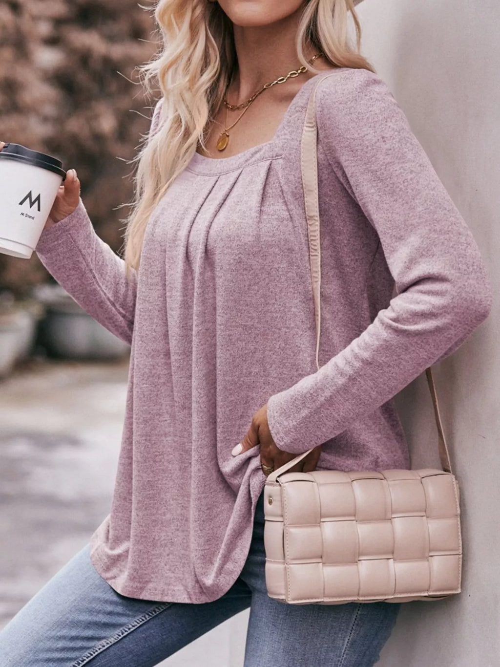 Pleated Square Neck Long Sleeve T-shirt (27)