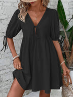 V-neck Tie-front Mini Dress Puff Sleeves (21)