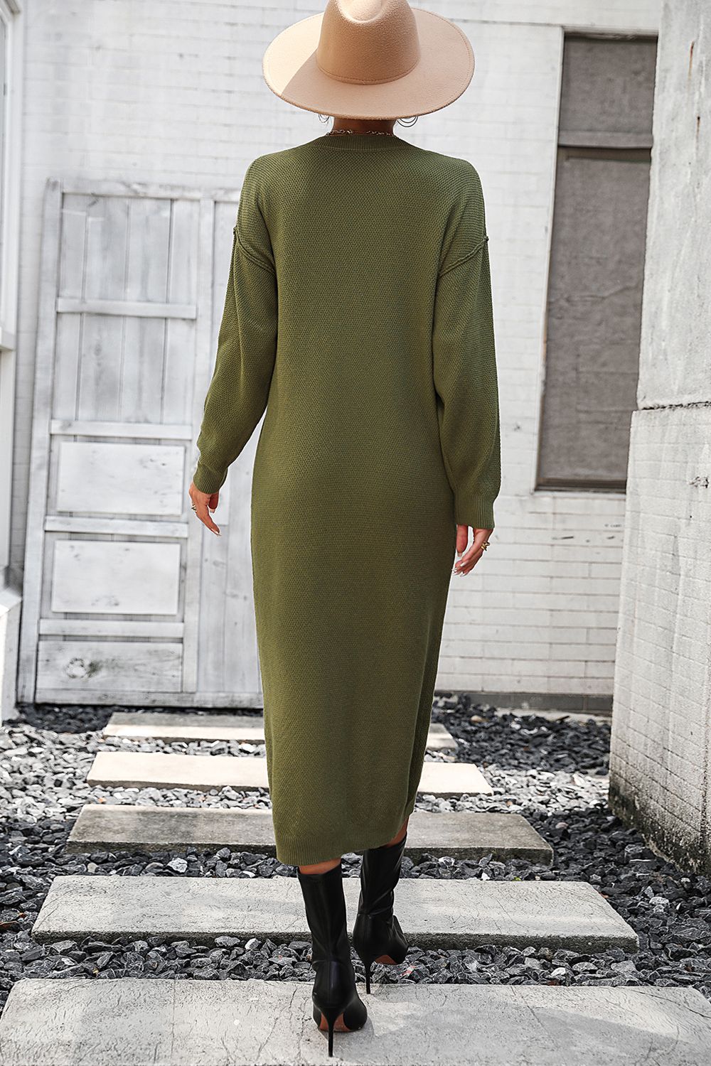 Notched Neck Dropped Shoulder Button-down Midi Dress (11)
