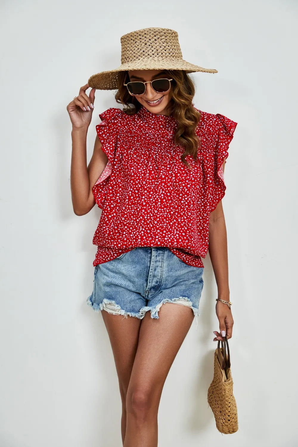 Ruffled Ditsy Floral Mock Neck Cap Sleeve Blouse (16)