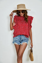 Ruffled Ditsy Floral Mock Neck Cap Sleeve Blouse (16)