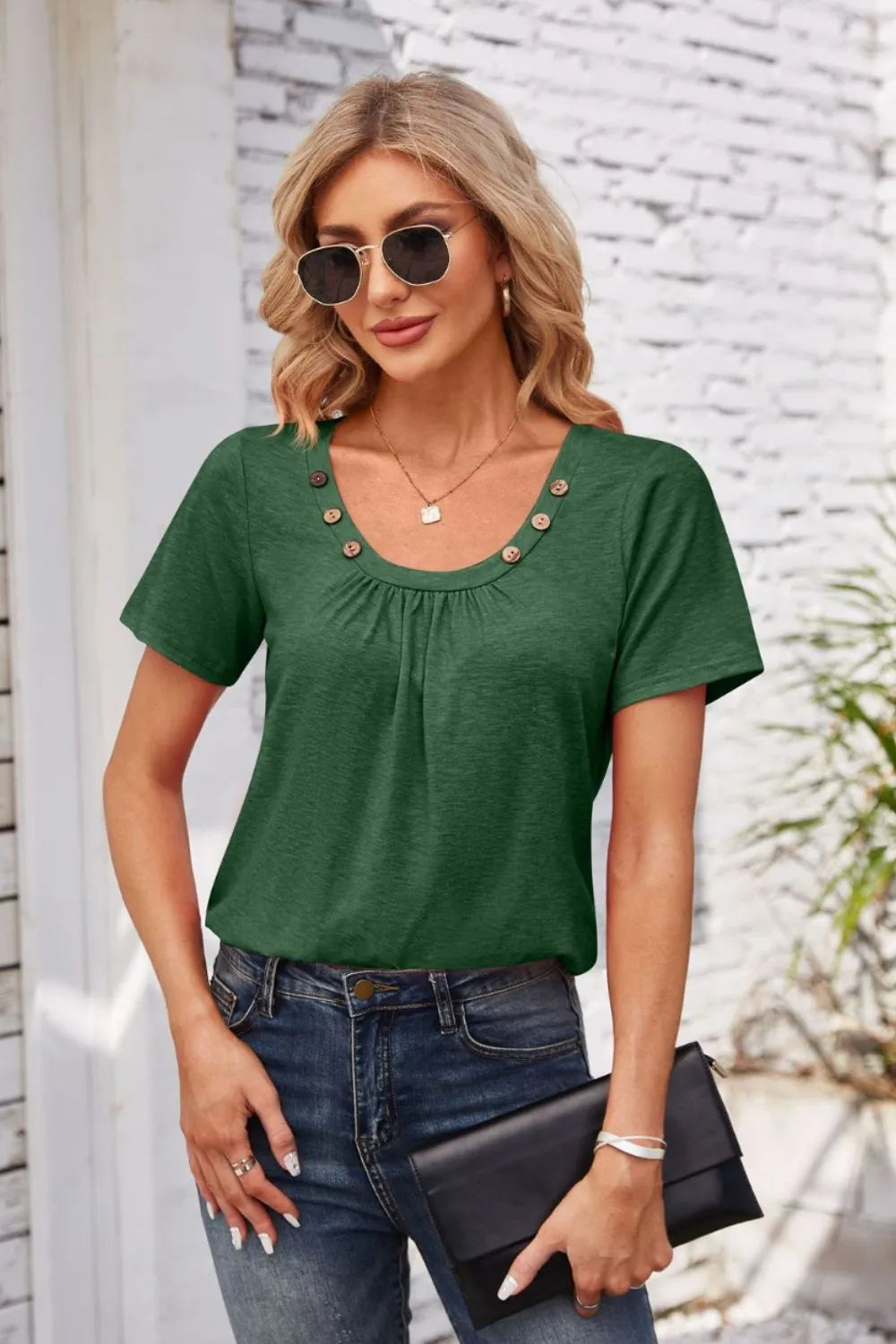 Decorative Button Scoop Neck T-shirt (25)