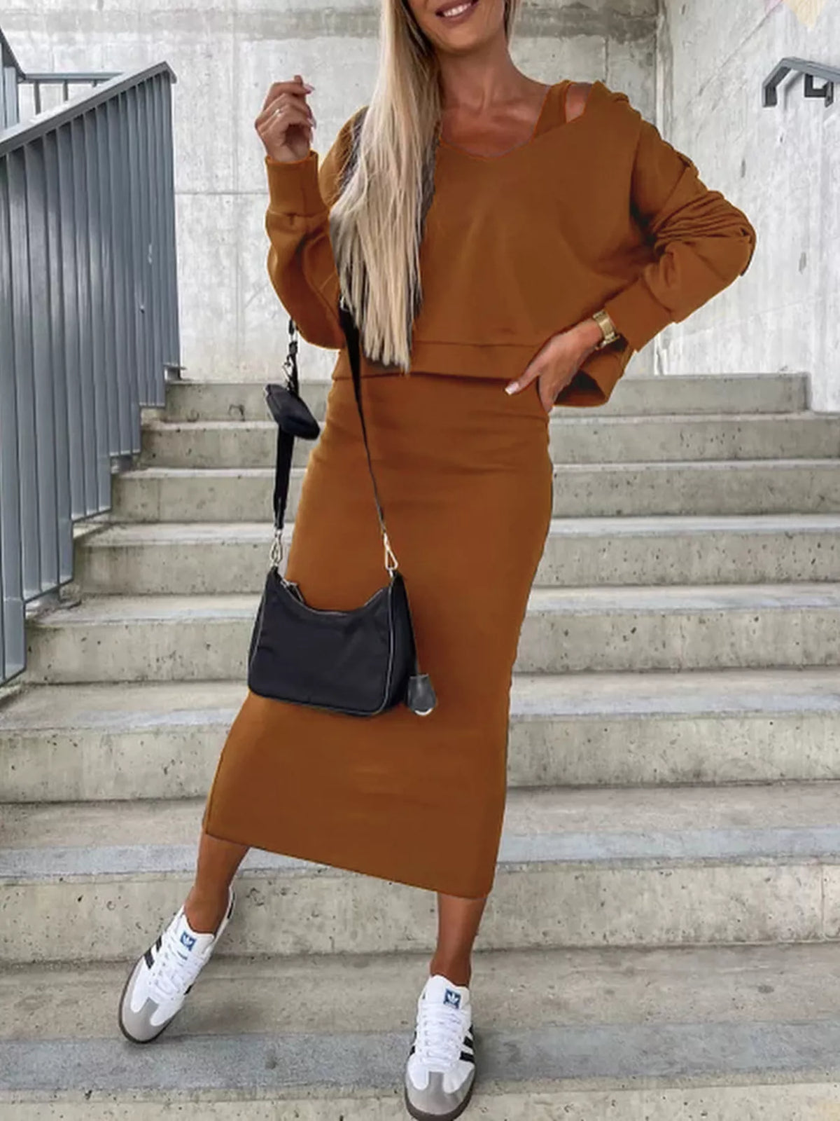 Solid Color Tank Dress V-neck Hoodie Set