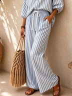 Striped Collared Shirt Wide-leg Drawstring Pants Set (8)