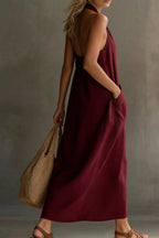 Casual Halter Neck Pocket Midi Dress (23)