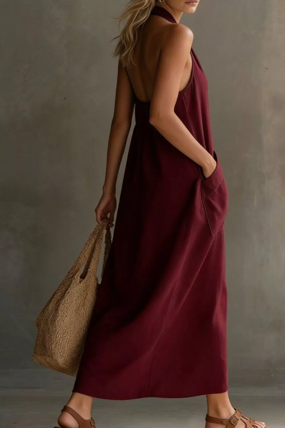 Casual Halter Neck Pocket Midi Dress (23)
