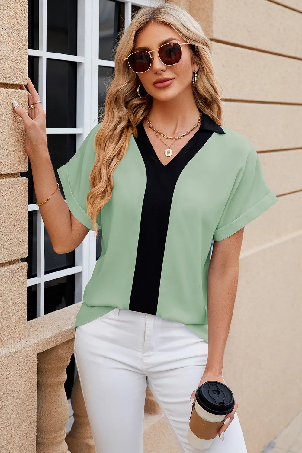 Contrast Johnny Collar Short Sleeve Blouse (6)