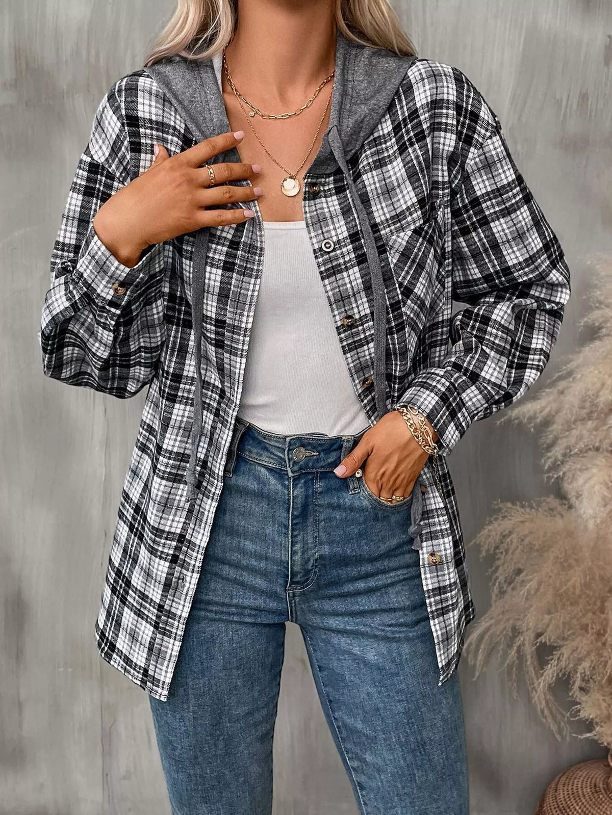Hooded Plaid Button-up Shirt (2)