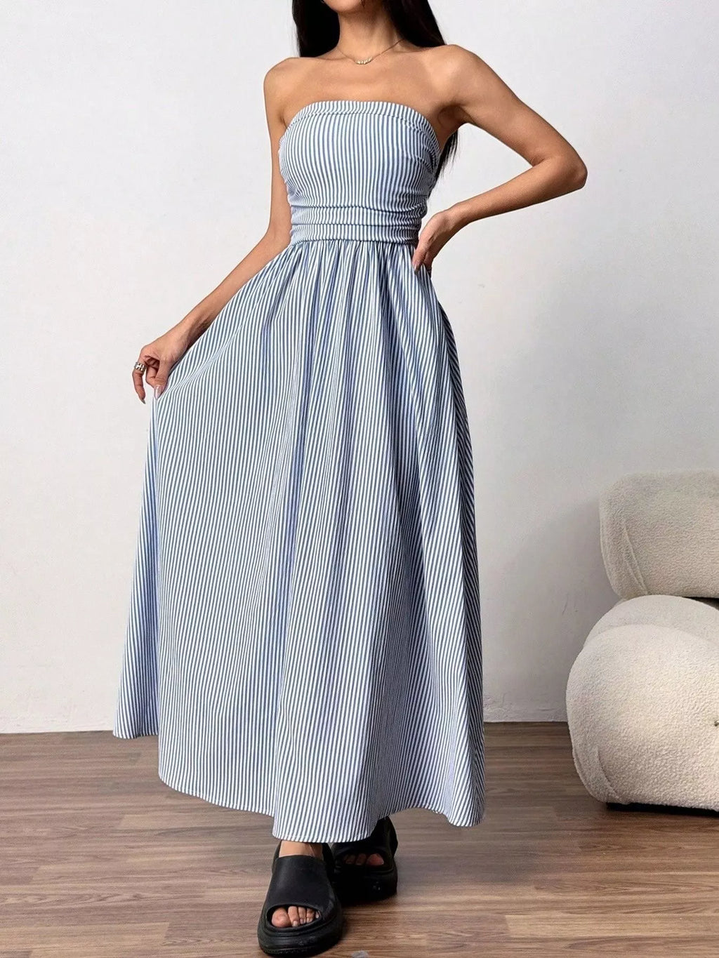 Striped Strapless Casual Maxi Dress (4)