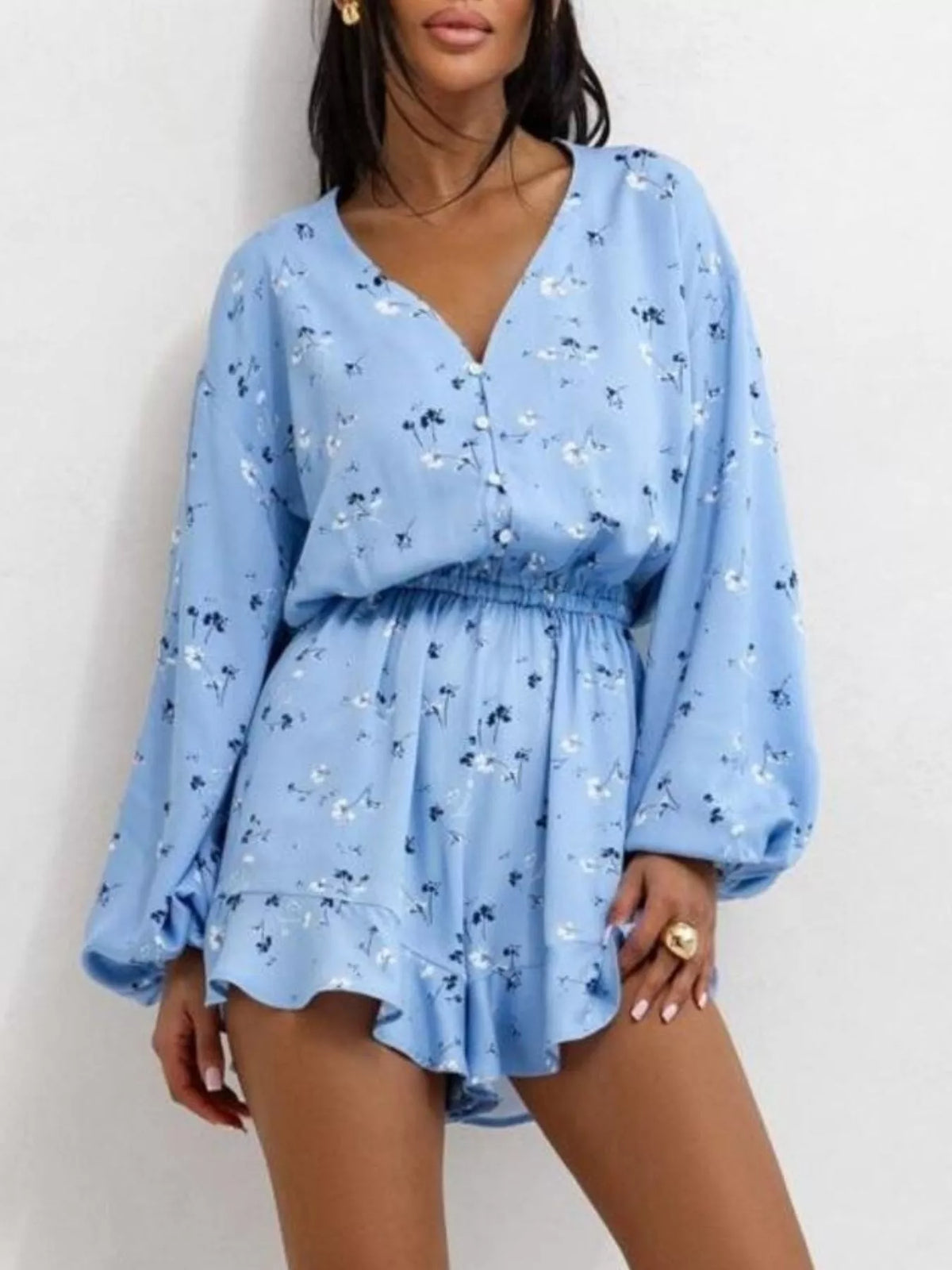 Floral V-neck Long Sleeve Romper Elastic Waist (2)
