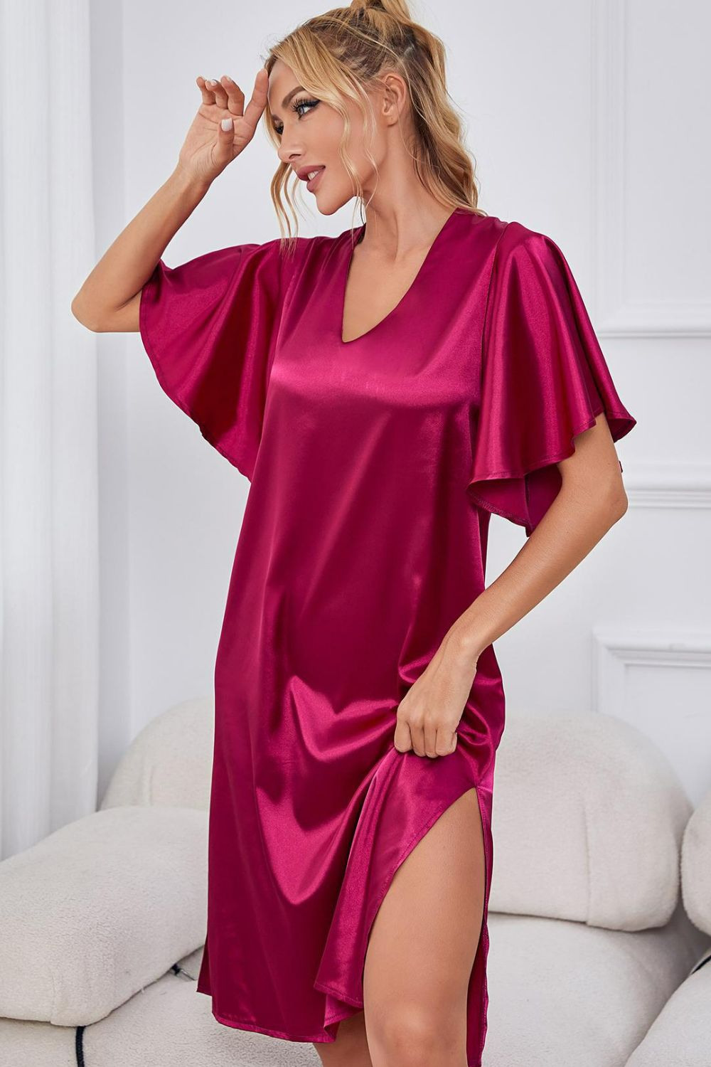 Satin Flutter Sleeve Side Slit V-neck Night Dress (3)
