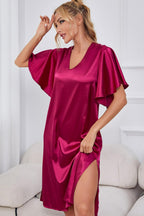 Satin Flutter Sleeve Side Slit V-neck Night Dress (3)