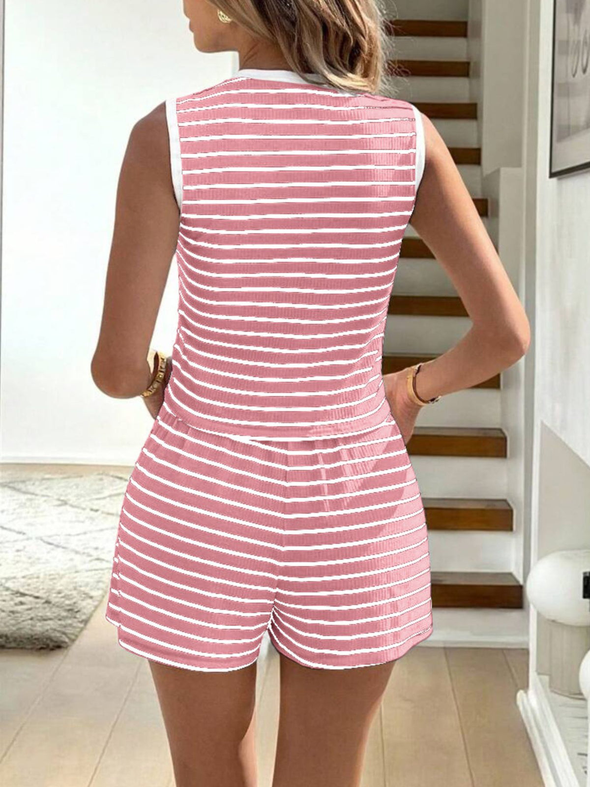 Striped Knit Tie-front Sleeveless Top Shorts Set (18)