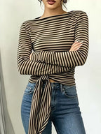 Long Sleeve Striped T-shirt Front Tie Detail (23)
