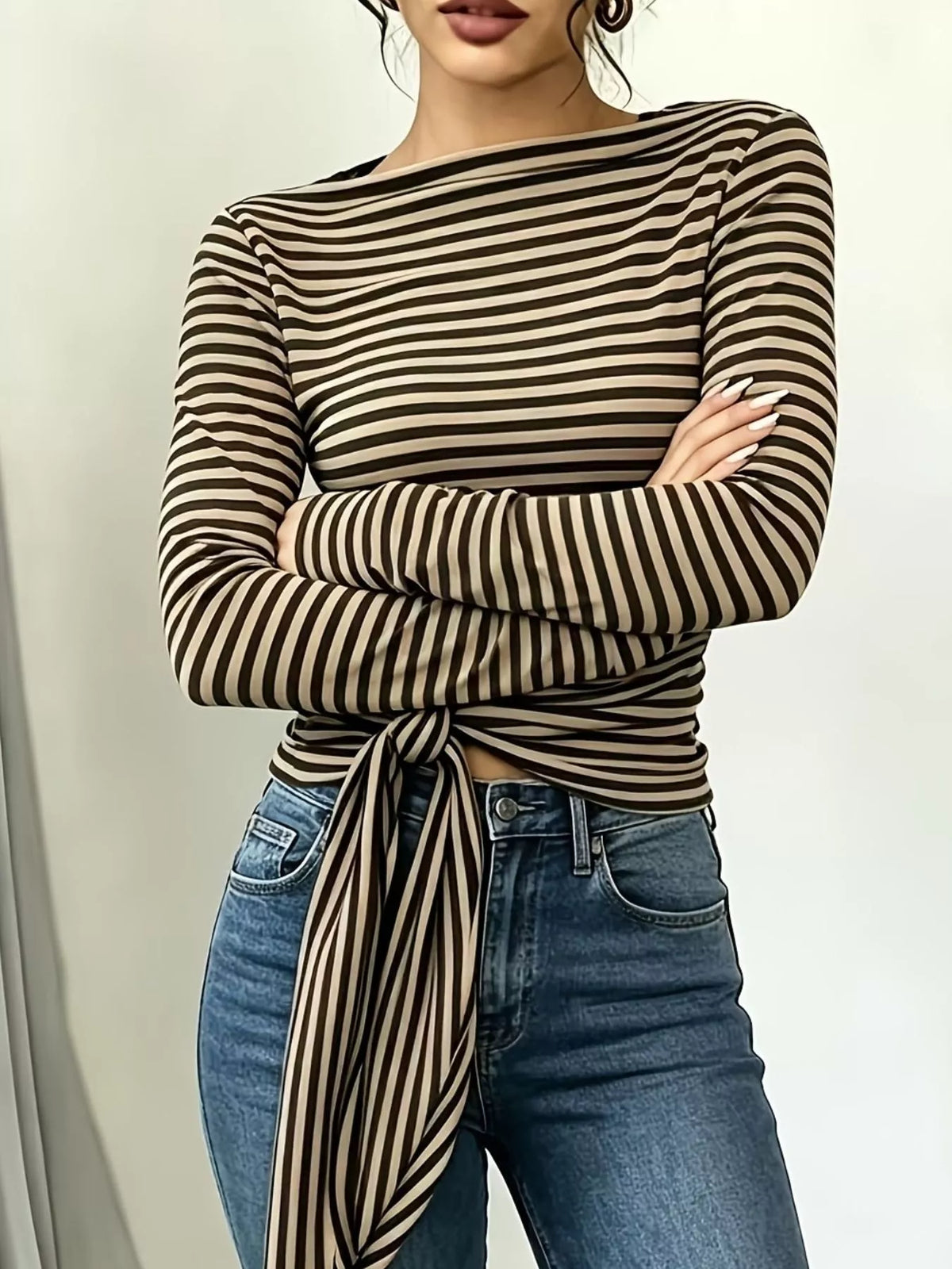 Long Sleeve Striped T-shirt Front Tie Detail (23)