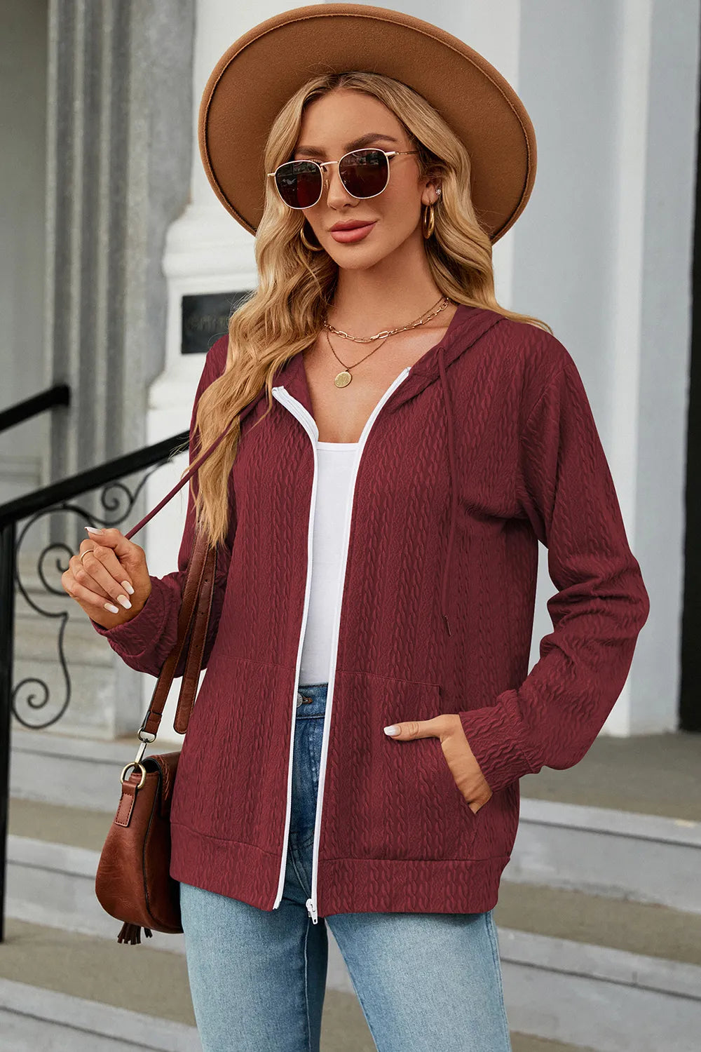 Drawstring Zip Up Long Sleeve Hoodie (11)