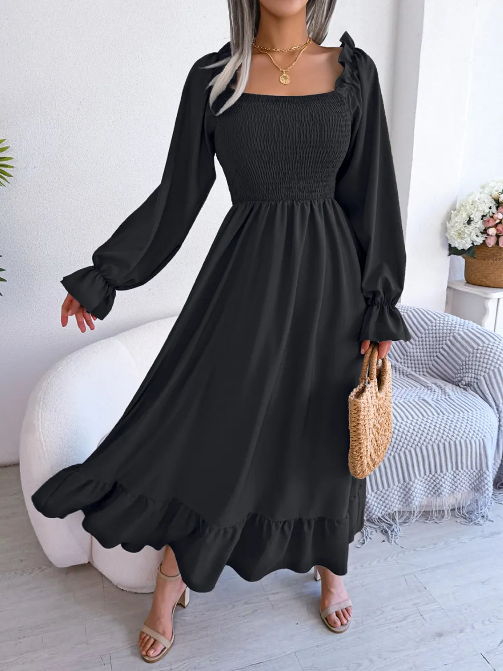Smocked Square Neck Flounce Sleeve Dress (23)