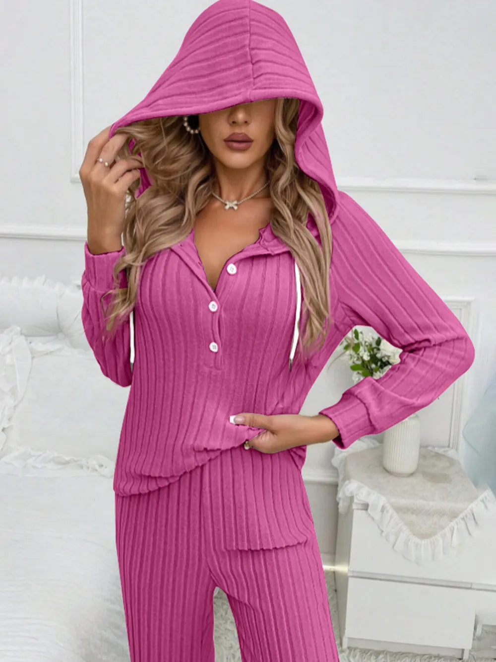 Drawstring Half Button Hooded Top Ribbed Pants Set (10)