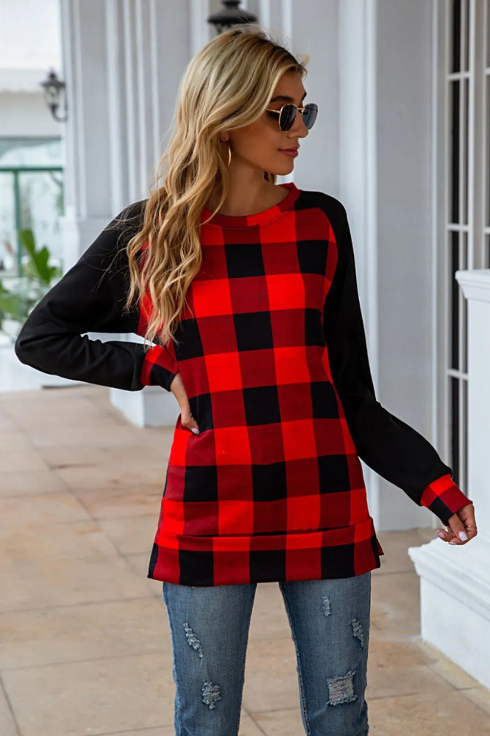 Plaid Round Neck Long Sleeve T-shirt (4)