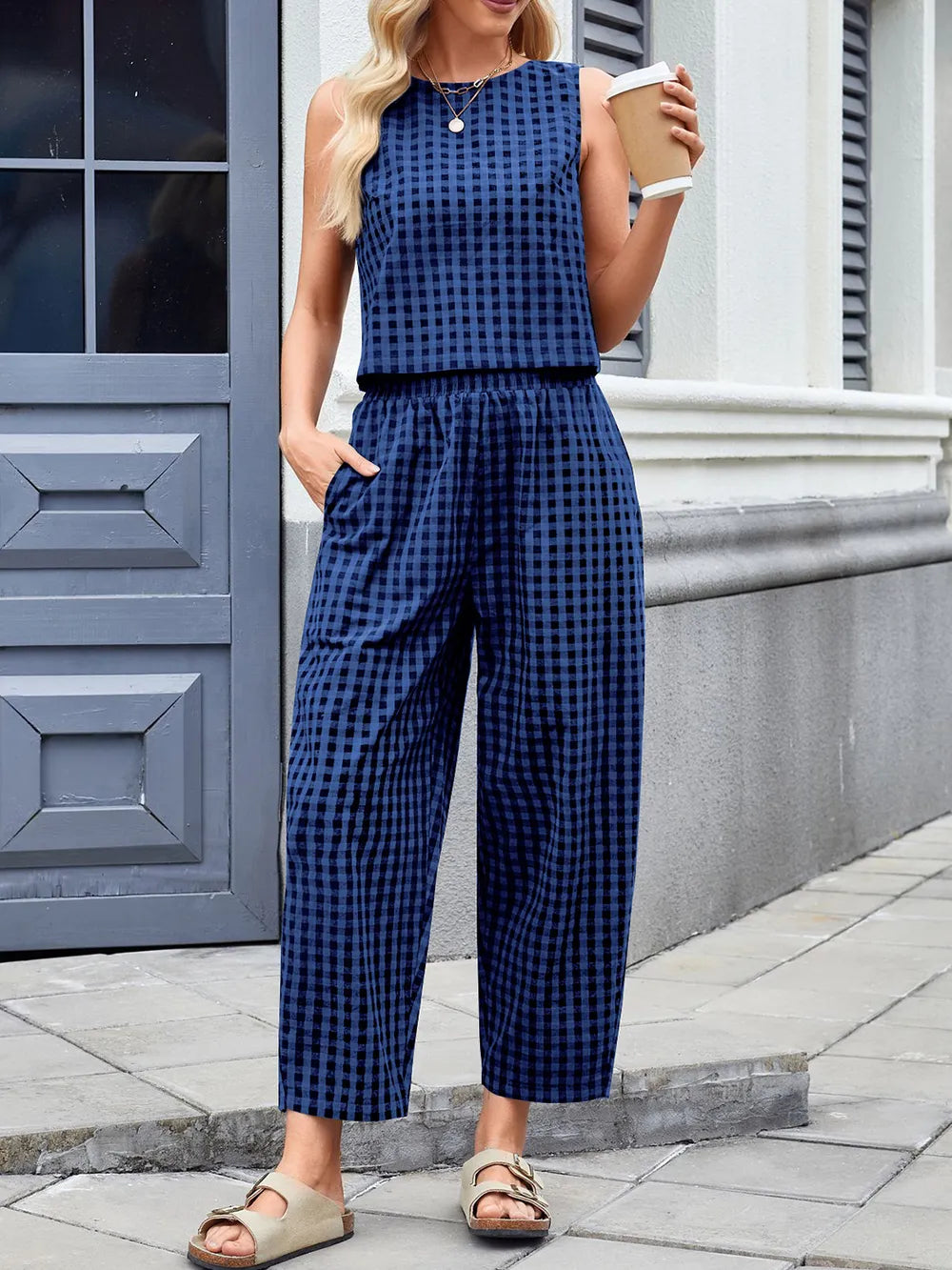 Plaid Round Neck Sleeveless Top Pants Set (13)