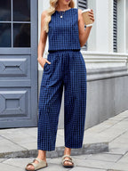 Plaid Round Neck Sleeveless Top Pants Set (13)