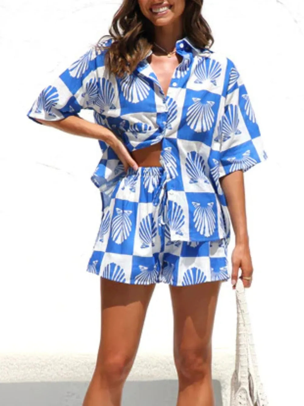 Printed Button Down Short Sleeve Top Shorts Set (10)