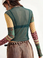 Floral Print Mesh Mock Neck Long Sleeve Top (9)