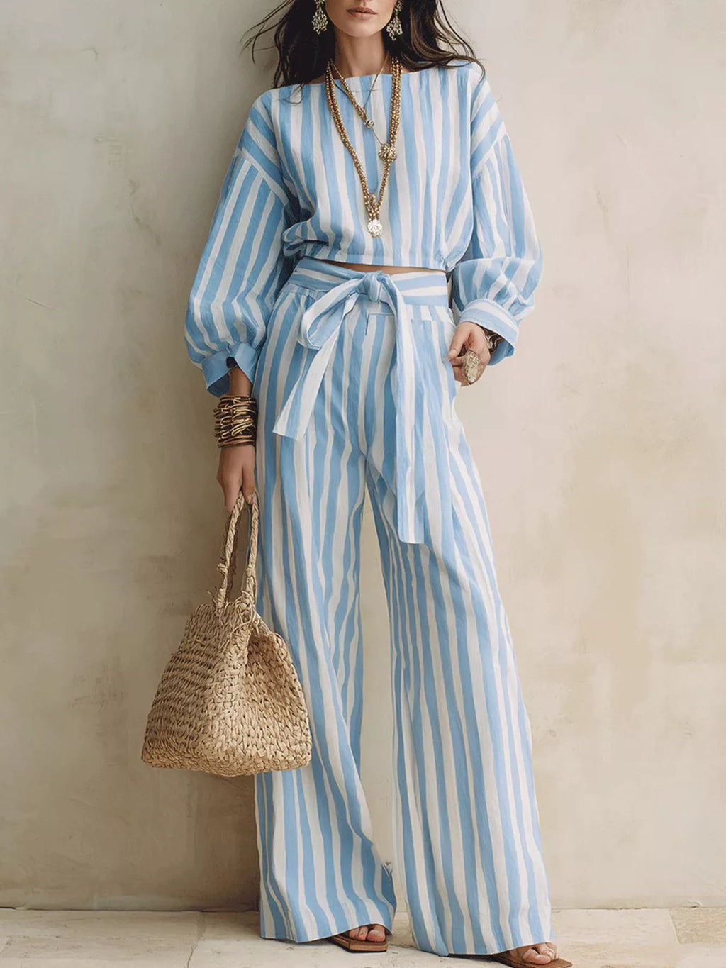 Striped Long Sleeve Top Pants Two-piece Set