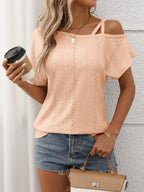Eyelet Asymmetrical Shoulder Short Sleeve T-shirt (3)