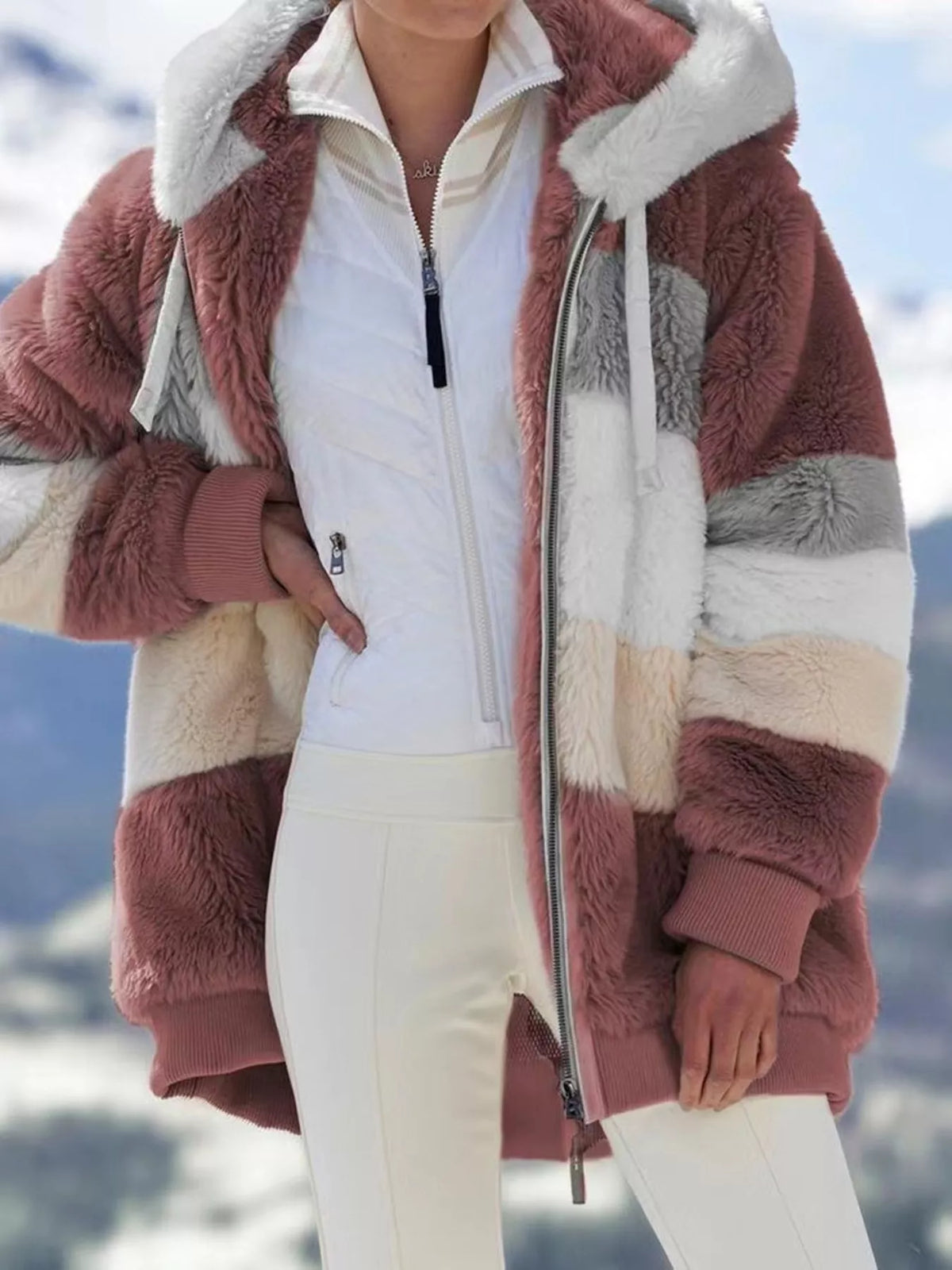 Full Size Fuzzy Zip Up Hooded Outerwear Plus (5)