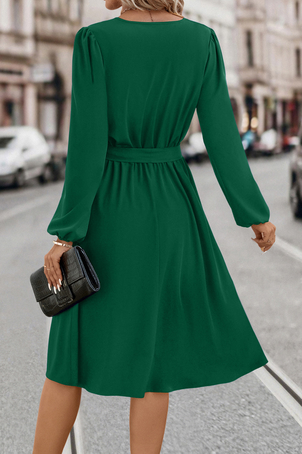 Tie Waist Notched Neck Long Sleeve Dress (2)