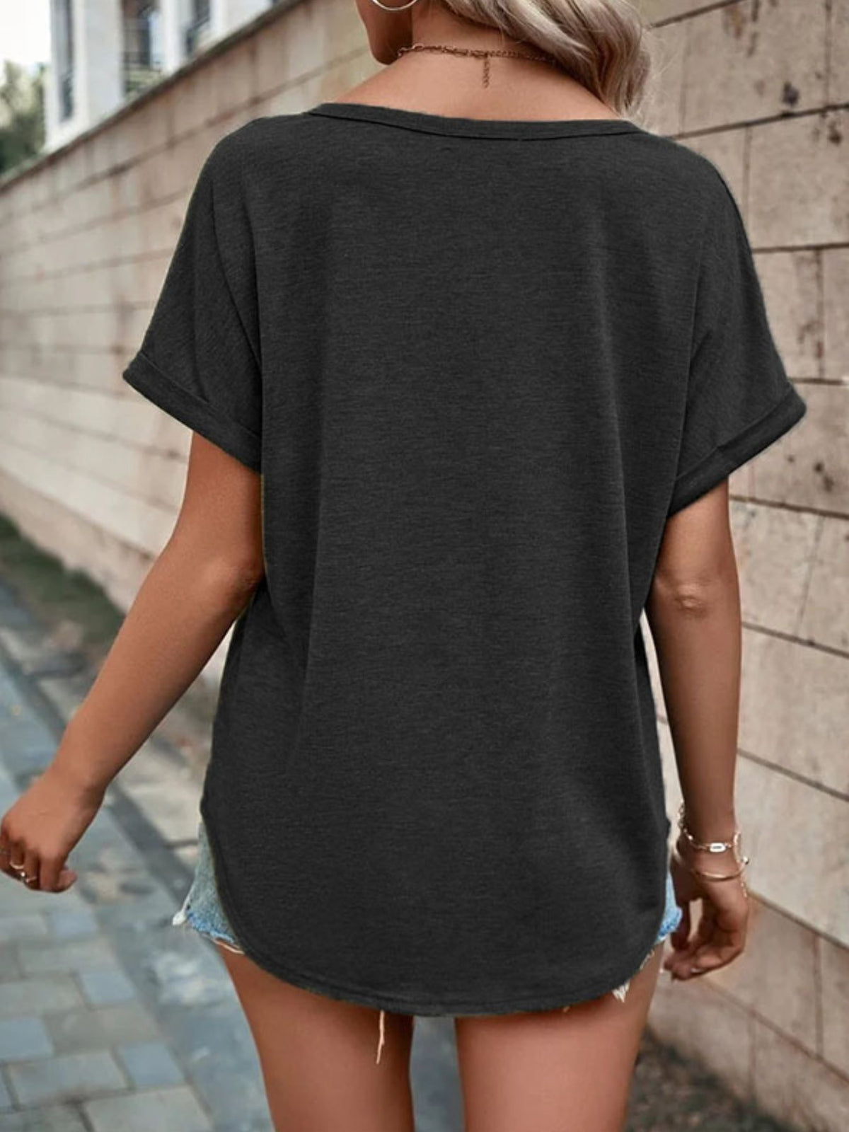 Full Size Decor Button Short Sleeve T-shirt Plus (28)