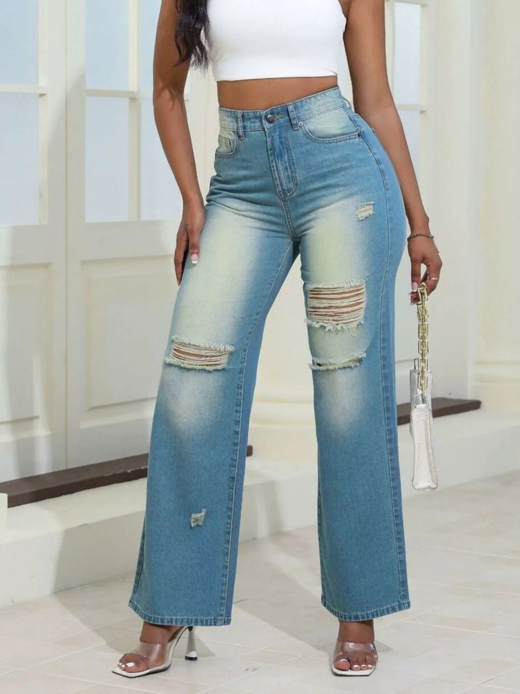 High-waisted Distressed Wide-leg Jeans (10)