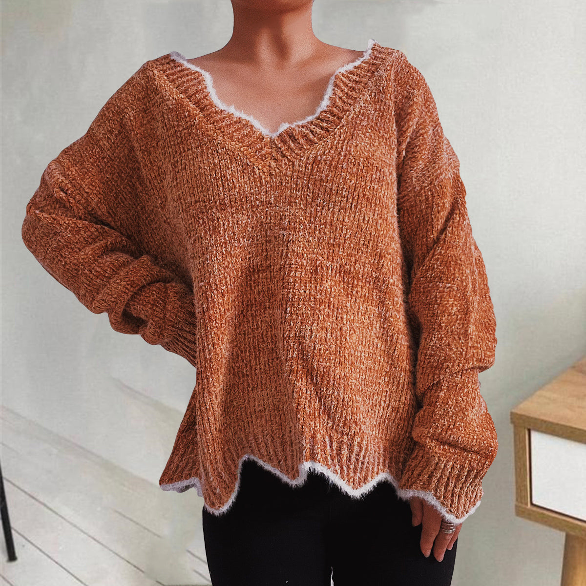 V-neck Drop Shoulder Long Sleeve Sweater (3)