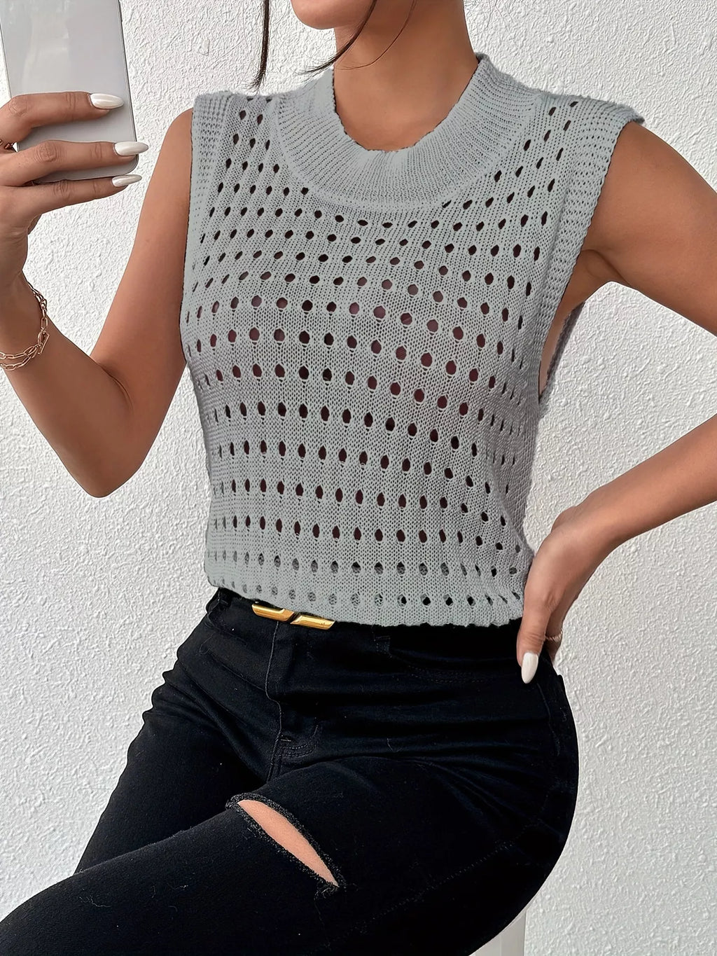 Hollow Out Round Neck Knit Tank (20)