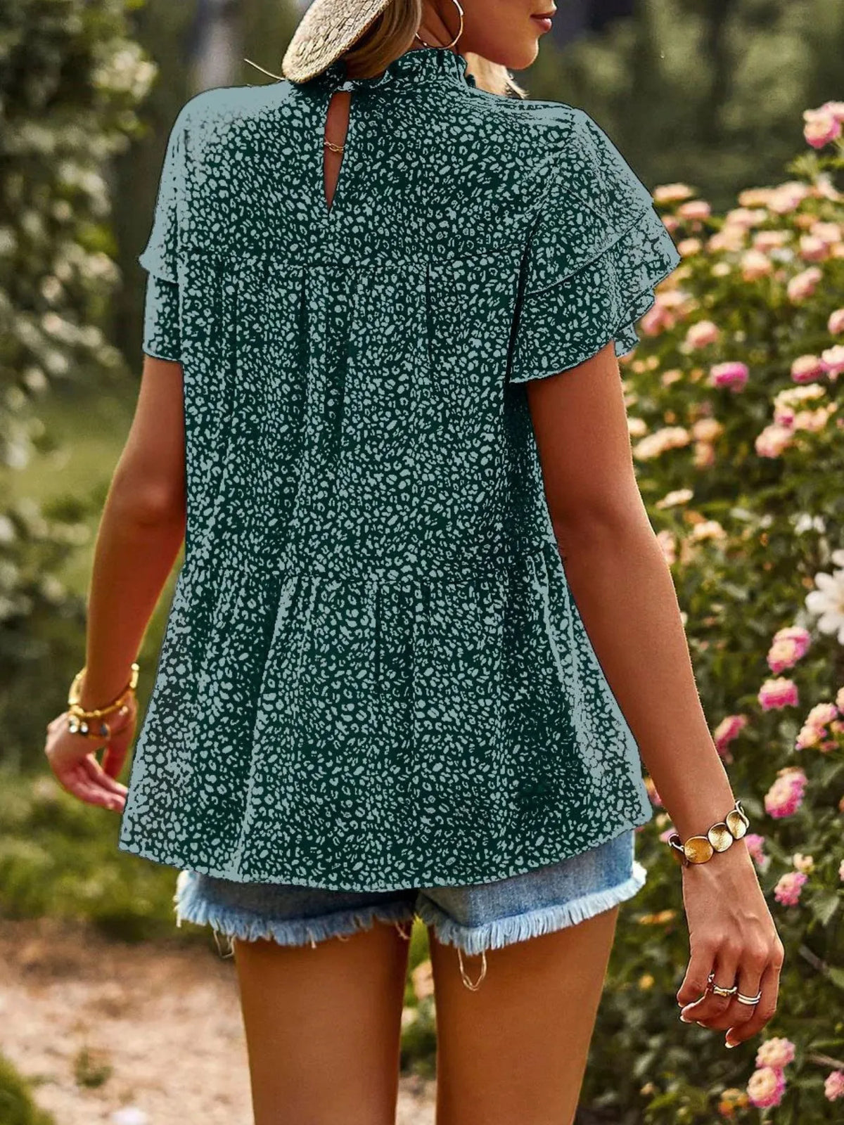 Printed Ruffle Sleeve Babydoll Blouse (26)