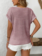 Striped V-neck Short Sleeve T-shirt (12)